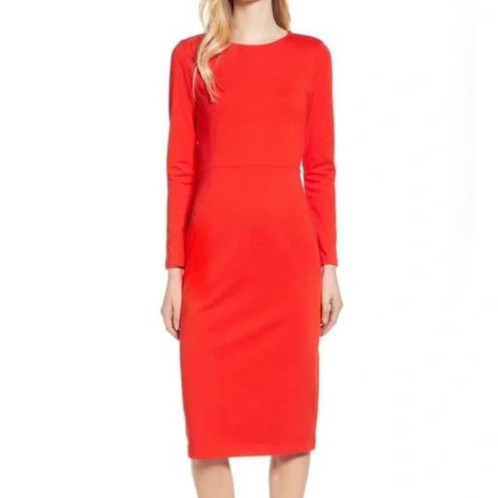 J. Crew poppy red orange long sleeve column midi dress size 2